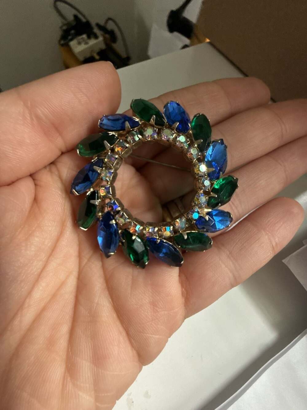 Vintage Mid-Century Blue and Green Navette Rhinestone Wreath Brooch - Picture 4 of 4
